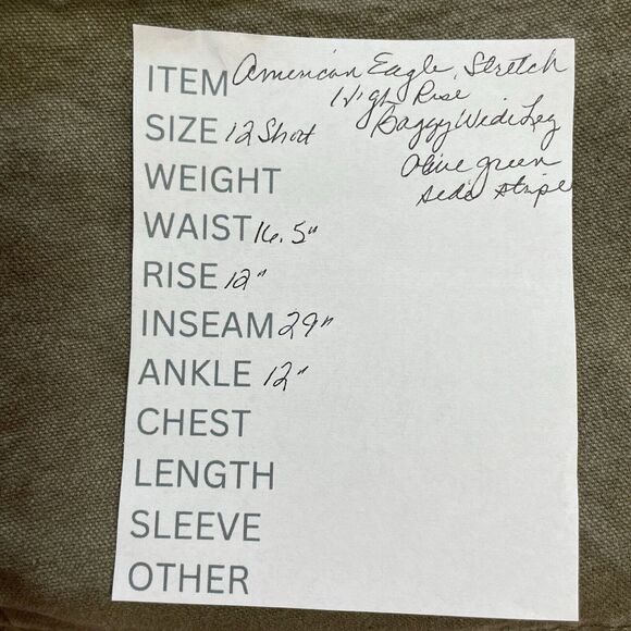 American Eagle X Ziegler HIGH RISE BAGGY WIDE LEG Pants 12 Short Olive Stretch - Picture 12 of 12